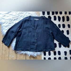 Flax 100% Linen Cropped V Neck Button Front Shrug Black M